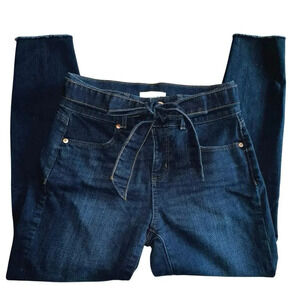 Made and loved LOFT High Waisted Kitten Belted Jeans Raw Hem Bow‎ Sz 2/26 Blue
